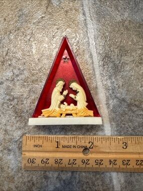 Vintage Holiday Nativity Triangle Ornament - Red and Cream